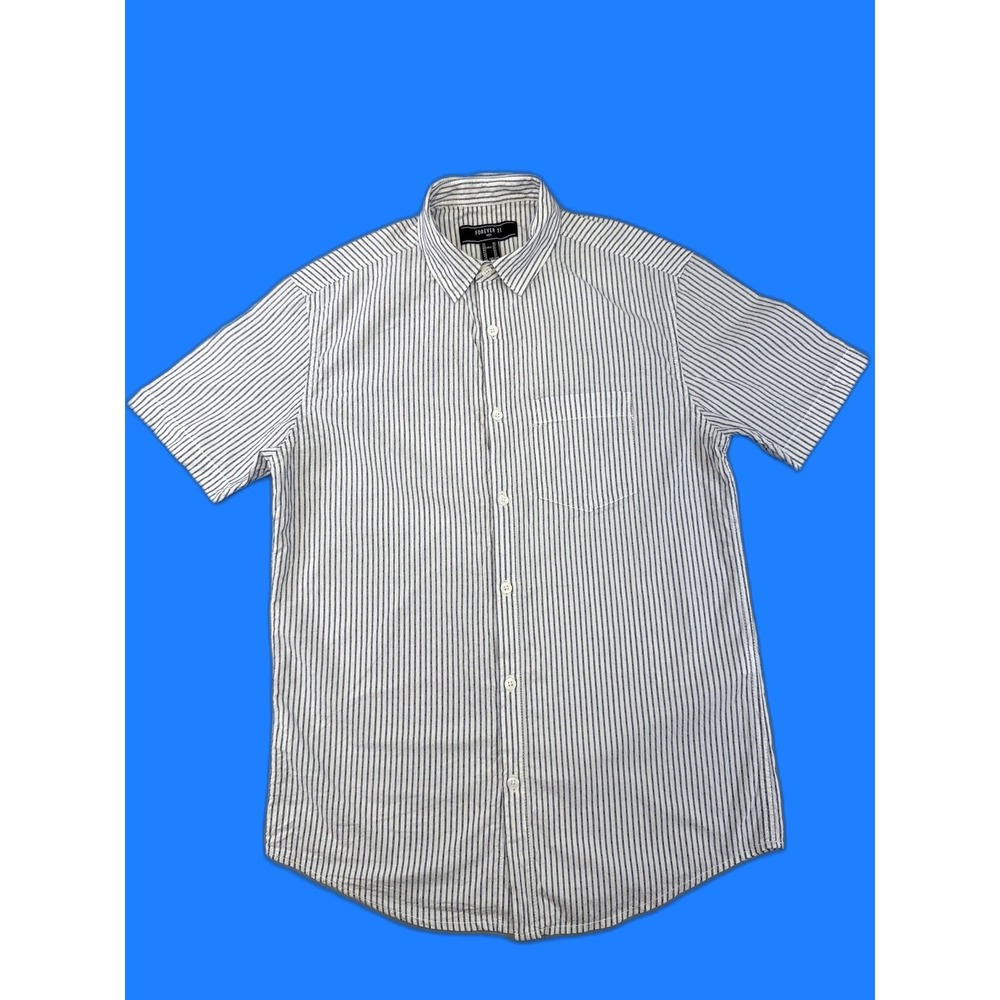 Forever 21 Button Up Striped Short Sleeve Shirt Men XS Blue White Cotton Collar